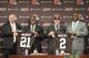 BEREA, OH - MAY 9: Cleveland Browns draft picks Justin Gilbert #21 and Johnny Manziel #2 are introduced by general manager Ray Farmer (L) and head coach Mike Pettine (R) during a press conference at the Browns training facility on May 9, 2014 in Cleveland, Ohio. Gilbert and Manziel were selected 8th and 22nd, respectively, in the first round. (Photo by Jason Miller/Getty Images)