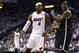 Brooklyn Nets' Paul Pierce, right, reacts to a call by an official as Miami Heat's LeBron James (6) looks on in the first half of Game 1 in an Eastern Conference semifinal basketball game, Tuesday, May 6, 2014, in Miami. (AP Photo/Lynne Sladky)