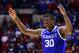 Mar 28, 2014; Indianapolis, IN, USA; Kentucky Wildcats forward Julius Randle (30) gestures to the crowd with 2.3 seconds left in the second half in the semifinals of the midwest regional of the 2014 NCAA Mens Basketball Championship tournament against the Louisville Cardinals at Lucas Oil Stadium. Mandatory Credit: Bob Donnan-USA TODAY Sports