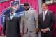 Minnesota defensive tackle Ra'Shede Hageman, center, poses for photos with NFL commissioner Roger Goodell, right, and former NFL player Claude Humphrey after being selected by the Atlanta Falcons as the 37th pick during the second round of the 2014 NFL Draft, Friday, May 9, 2014, in New York. (AP Photo/Jason DeCrow)