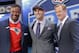 Eastern Illinois quarterback Jimmy Garoppolo poses for photos with NFL commissioner Roger Goodell and former New England Patriots linebacker Willie McGinest after being selected as the 62nd pick by the New England Patriots in the second round of the 2014 NFL Draft, Friday, May 9, 2014, in New York. (AP Photo/Jason DeCrow)