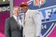 USC center Marcus Martin poses for photos with NFL commissioner Roger Goodell after being selected as the 70th pick by the San Francisco 49ers in the third round of the 2014 NFL Draft, Friday, May 9, 2014, in New York. (AP Photo/Jason DeCrow)