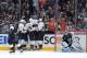 LOS ANGELES, CA - MAY 8: The Anaheim Ducks celebrate after a goal against the Los Angeles Kings in Game Three of the Second Round of the 2014 Stanley Cup Playoffs at Staples Center on May 8, 2014 in Los Angeles, California. (Photo by Andrew D. Bernstein/NHLI via Getty Images)