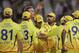 Chennai Super Kings Faf du Plessis, second left, reacts with team members as they take the wicket of Highveld Lions' Quinton de Kock, unseen, during a Champions League Twenty20 in Cape Town, South Africa, Tuesday, Oct 16, 2012. (AP Photo/Schalk van Zuydam)