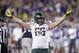 Oregon's Taylor Hart celebrates against Kansas State in the first half of the Fiesta Bowl NCAA college football game Thursday, Jan. 3, 2013, in Glendale, Ariz. (AP Photo/Paul Connors)
