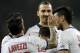 PSG's players celebrate the second goal during their French League one soccer match against Lille at the Lille Metropole stadium, in Villeneuve d'Ascq, northern France, Saturday, May 10, 2014. Paris Saint-Germain have won their second straight French league title. (AP Photo/Michel Spingler)