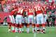 Aug 16, 2013; Kansas City, MO, USA; Kansas City Chiefs players huddle in the first half against the San Francisco 49ers at Arrowhead Stadium. San Francisco won the game 15-13. Mandatory Credit: John Rieger-USA TODAY Sports