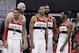 Washington Wizards (l-r) Bradley Beal, Marcin Gortat, Trevor Ariza, Nene, and John Wall stand on the court during a break in the action during the first half of Game 3 of an Eastern Conference semifinal NBA basketball playoff game against the Indiana Pacers in Washington, Friday, May 9, 2014. (AP Photo/Alex Brandon)