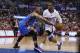 Los Angeles Clippers guard Chris Paul, right, drives past Oklahoma City Thunder guard Russell Westbrook during the first half of an NBA basketball game in Los Angeles, Wednesday, April 9, 2014. (AP Photo/Danny Moloshok)