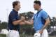 Jordan Spieth, left, and Martin Kaymer of Germany, shake hands at the end of the third round of The Players championship golf tournament at TPC Sawgrass, Saturday, May 10, 2014 in Ponte Vedra Beach, Fla. (AP Photo/Lynne Sladky)
