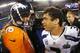 EAST RUTHERFORD, NJ - FEBRUARY 02: (L-R) Quarterback Peyton Manning #18 of the Denver Broncos congratulates quarterback Russell Wilson #3 of the Seattle Seahawks on their 43-8 win during Super Bowl XLVIII at MetLife Stadium on February 2, 2014 in East Rutherford, New Jersey. (Photo by Kevin C. Cox/Getty Images)