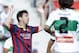 Barcelona's Lionel Messi from Argentina reacts after failing to score against Elche during a Spanish La Liga soccer match at the Martinez Valero stadium in Elche, Spain, on Sunday, May 11, 2014.(AP Photo/Alberto Saiz)