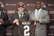 BEREA, OH - MAY 9: Cleveland Browns draft pick Johnny Manziel is introduced by general manager Ray Farmer at a press conference at the Browns training facility on May 9, 2014 in Cleveland, Ohio. Manziel was selected in the first round with the 22nd pick. (Photo by Jason Miller/Getty Images)