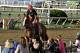 Exercise rider Willie Delgado jogs Kentucky Derby winner California Chrome past fans attending Sunrise at Old Hilltop at Pimlico Race Course in Baltimore, Md., Tuesday, May 13, 2014. The Preakness Stakes is scheduled for Saturday, May 17. (AP Photo/Garry Jones)