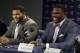St. Louis Rams first-round draft picks Greg Robinson, right, and Aaron Donald smile during a news conference at the NFL football team's practice facility Tuesday, May 13, 2014, in St. Louis. Robinson, an offensive tackle from Auburn, was picked second overall and Donald, a defensive tackle from Pittsburgh, was taken 13th overall. (AP Photo/Jeff Roberson)