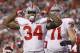 FILE - In this Oct. 13, 2012 file photo, Ohio State running back Carlos Hyde (34) celebrates after scoring a touchdown during the second half of an NCAA college football game against Indiana in Bloomington, Ind. A published report says Ohio State coach Urban Meyer has kicked top rusher Carlos Hyde off the team after an alleged assault against a female in Columbus. The Columbus Dispatch is reporting that Hyde was named as a person of interest in a weekend assault against a female in a downtown Columbus bar. The newspaper cites sources saying Hyde was dismissed from the team over the incident early Saturday, July 20, 2013. (AP Photo/Sam Riche, File)