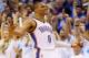 OKLAHOMA CITY, OK - MAY 07: Russell Westbrook #0 of the Oklahoma City Thunder celebrates a three-point shot against the Los Angeles Clippers in Game Two of the Western Conference Semifinals during the 2014 NBA Playoffs at Chesapeake Energy Arena on May 7, 2014 in Oklahoma City, Oklahoma. NOTE TO USER: User expressly acknowledges and agrees that, by downloading and or using this photograph, User is consenting to the terms and conditions of the Getty Images License Agreement. (Photo by Ronald Martinez/Getty Images)