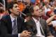 Golden State Warriors owner Joe Lacob, right, and general manager Bob Myers, left, watch game action against the Phoenix Suns in an NBA basketball game Wednesday, Oct. 31, 2012, in Phoenix.(AP Photo/Paul Connors)