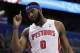 Feb 5, 2014; Orlando, FL, USA; Detroit Pistons center Andre Drummond (0) points up against the Orlando Magic during the first quarter at Amway Center. Mandatory Credit: Kim Klement-USA TODAY Sports
