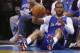 Los Angeles Clippers guard Chris Paul (3) falls out of bounds with the ball in the second half of Game 5 of the Western Conference semifinal NBA basketball playoff series against the Oklahoma City Thunder in Oklahoma City, Tuesday, May 13, 2014. Oklahoma City won 105-104. (AP Photo)