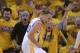 Apr 27, 2014; Oakland, CA, USA; Golden State Warriors guard Stephen Curry (30) celebrates after blocking the shot of Los Angeles Clippers guard J.J. Redick (4, not pictured) during the fourth quarter in game four of the first round of the 2014 NBA Playoffs at Oracle Arena. The Warriors defeated the Clippers 118-97. Mandatory Credit: Kyle Terada-USA TODAY Sports