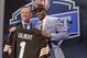 Oklahoma State cornerback Justin Gilbert, right, poses with NFL commissioner Roger Goodell after being selected by the Cleveland Browns as the eighth pick in the first round of the 2014 NFL Draft, Thursday, May 8, 2014, in New York. (AP Photo/Craig Ruttle)