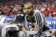 San Antonio Spurs' Tim Duncan, left, and Tony Parker, right, sit on the bench before the start of the Game 4 of a Western Conference semifinal NBA basketball playoff series against the Portland Trail Blazers Monday, May 12, 2014, in Portland, Ore. (AP Photo/Rick Bowmer)