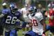 July 30, 2012; Albany, NY, USA; New York Giants Antrel Rolle (26) covers Victor Cruz (80) during New York Giants training camp. Mandatory Credit: Tim Farrell/THE STAR-LEDGER via USA TODAY Sports