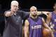 Los Angeles Lakers coach Phil Jackson directs Derek Fisher, center, and others during basketball practice at Staples Center in Los Angeles, Wednesday, June 16, 2010, as they prepare to meet the Boston Celtics in Game 7 of the NBA basketball finals. (AP Photo/Reed Saxon)