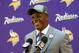 May 9, 2014; Eden Prairie, MN, USA; Minnesota Vikings quarterback Teddy Bridgewater addresses the media at Winter Park Fieldhouse. Mandatory Credit: Brad Rempel-USA TODAY Sports