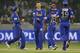Rajasthan Royals' bowler Johan Botha, second left, celebrates with teammates the dismissal of Deccan Chargers' Shikhar Dhawan during their Indian Premier League (IPL) cricket match in Hyderabad, India, Friday, May 18, 2012. (AP Photo/Mahesh Kumar A.)