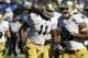 Notre Dame linebacker Ishaq Williams warms up before facing Air Force in the first quarter of an NCAA football game at the Air Force Academy, Colo., on Saturday, Oct. 26, 2013. (AP Photo/David Zalubowski)