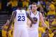 Apr 27, 2014; Oakland, CA, USA; Golden State Warriors forward David Lee (10) celebrates with forward Draymond Green (23) during the second quarter in game four of the first round of the 2014 NBA Playoffs against the Los Angeles Clippers at Oracle Arena. The Warriors defeated the Clippers 118-97. Mandatory Credit: Kyle Terada-USA TODAY Sports