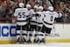 ANAHEIM, CA - MAY 16: (L-R) Jeff Schultz #55, Jeff Carter #77, Marian Gaborik #12, Tyler Toffoli #73 and Drew Doughty #8 of the Los Angeles Kings celebrate Carter's first period goal against the Anaheim Ducks in Game Seven of the Second Round of the 2014 NHL Stanley Cup Playoffs at Honda Center on May 16, 2014 in Anaheim, California. (Photo by Jeff Gross/Getty Images)