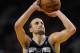 San Antonio Spurs' Manu Ginobili shoots against the Portland Trail Blazers during game three of an NBA basketball second-round playoff series game in Portland, Ore., Saturday May 10, 2014. (AP Photo/Greg Wahl-Stephens)