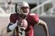Florida State garnet quarterback Jameis Winston looks for a receiver as he scrambles in the second half of an NCAA college spring football game on Saturday, April 12, 2014, in Tallahassee, Fla. (AP Photo/Steve Cannon)