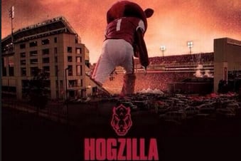 Photo: Arkansas Football Promotes “Hogzilla, Coming This Fall in 3D”