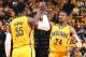 INDIANAPOLIS - MAY 18: Paul George #24 and Roy Hibbert #55 of the Indiana Pacers give eachother high fives against the Miami Heat in game one of the East Conference Finals at Bankers Life Fieldhouse on May 18, 2014 in Indianapolis, Indiana. NOTE TO USER: User expressly acknowledges and agrees that, by downloading and or using this Photograph, user is consenting to the terms and condition of the Getty Images License Agreement. Mandatory Copyright Notice: 2014 NBAE (Photo by Nathaniel S. Butler/NBAE via Getty Images)