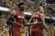 Miami Heat's LeBron James (6) reacts after his teammate Chris Andersen (11) was called for a foul during the second half of Game 1 of the Eastern Conference finals NBA basketball playoff series against the Indiana Pacers Sunday, May 18, 2014, in Indianapolis. Indiana defeated Miami 107-96. (AP Photo/Darron Cummings)