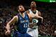 BOSTON, MA - DECEMBER 16: Kevin Love #42 of the Minnesota Timberwolves boxes out Jeff Green #8 of the Boston Celtics on December 16, 2013 at the TD Garden in Boston, Massachusetts. NOTE TO USER: User expressly acknowledges and agrees that, by downloading and or using this photograph, User is consenting to the terms and conditions of the Getty Images License Agreement. Mandatory Copyright Notice: Copyright 2013 NBAE (Photo by Brian Babineau/NBAE via Getty Images)