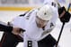 Anaheim Ducks right wing Teemu Selanne, of Finland, waits for the puck to drop in the face-off during the third period in Game 3 of an NHL hockey second-round Stanley Cup playoff series against the Los Angeles Kings, Thursday, May 8, 2014, in Los Angeles. The Ducks won 3-2. (AP Photo/Mark J. Terrill)