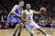 San Antonio Spurs' Tony Parker (9), of France, drives around Oklahoma City Thunder's Nick Collison during the first half of Game 1 of a Western Conference finals NBA basketball playoff series, Monday, May 19, 2014, in San Antonio. (AP Photo/Eric Gay)