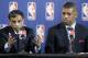 FILE- In this Wednesday, May 15, 2013, file photo, Sacramento, Calif., Mayor Kevin Johnson, right, listens as software tycoon Vivek Ranadive, left, address reporters during a news conference following the NBA Board of Governors meeting in Dallas. Johnson said Friday, May 17, 2013, that the deal to sell the Sacramento Kings to a group led by Ranadive has been signed. Johnson helped assemble the new ownership group in a bid to keep the Kings in California's capital city, a feat that was accomplished earlier in the week when NBA owners rejected a bid to move the franchise to Seattle. (AP Photo/Tony Gutierrez, File)