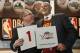 Cleveland Cavaliers general manager David Griffin, left, and minority owner Jeff Cohen celebrate after the Cavaliers won the top pick in the the NBA basketball draft lottery in New York, Tuesday, May 20, 2014. It's the third time in four years the Cavs will be atop the draft after moving up from the ninth spot. (AP Photo/Kathy Willens)