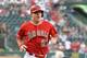 ANAHEIM, CA - MAY 17: Mike Trout #27 of the Los Angeles Angels runs home to score on a sacrifice fly to take a 2-0 lead over the Tampa Bay Rays at Angel Stadium of Anaheim on May 17, 2014 in Anaheim, California. (Photo by Harry How/Getty Images)