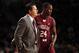 Dec 29, 2012; Atlanta, Georgia, USA; Fordham Rams head coach Tom Pecora and guard Bryan Smith (24) talk during the first half of the game at The Hank McCamish Pavilion. Mandatory Credit: Josh D. Weiss-USA TODAY Sports