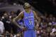 Oklahoma City Thunder's Kevin Durant (35) during the first half of Game 2 of a Western Conference finals NBA basketball playoff series against the San Antonio Spurs, Wednesday, May 21, 2014, in San Antonio. (AP Photo/Eric Gay)
