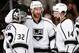 CHICAGO, IL - MAY 21: Jonathan Quick #32, Jeff Carter #77 and Justin Williams #14 of the Los Angeles Kings celebrate their 6 to 2 win over the Chicago Blackhawks in Game Two of the Western Conference Final during the 2014 Stanley Cup Playoffs at United Center on May 21, 2014 in Chicago, Illinois. (Photo by Jonathan Daniel/Getty Images)
