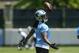 Carolina Panthers' Kelvin Benjamin tosses a football after making a catch at NFL football rookie minicamp in Charlotte, N.C., Saturday, May 17, 2014. (AP Photo/Chris Keane)