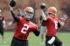 Johnny Manziel (on the left) and Brian Hoyer (on the right) practicing at OTAs.